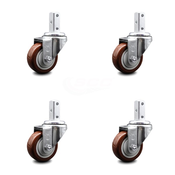 3.5 Inch Maroon Polyurethane Wheel Swivel 7/8 Inch Square Stem Caster Set SCC